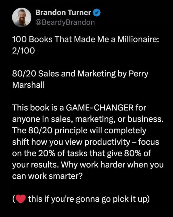 Brandon Turner 80/20 book testimonial